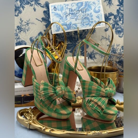 🆕 LOEFFLER RANDALL 🧿 NWOB Natalia Pleated Bow Platform Sandal, Plaid Green Sz7 - Picture 2 of 16